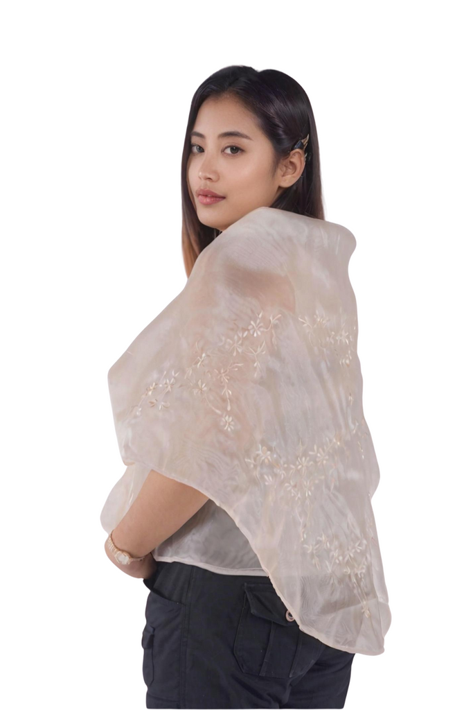 Organza Beige Embroidered Filipiniana Panuelo - JV219