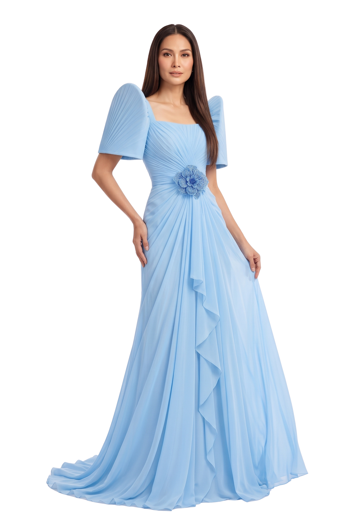 Light Blue Chiffon Filipiniana Long Gown.