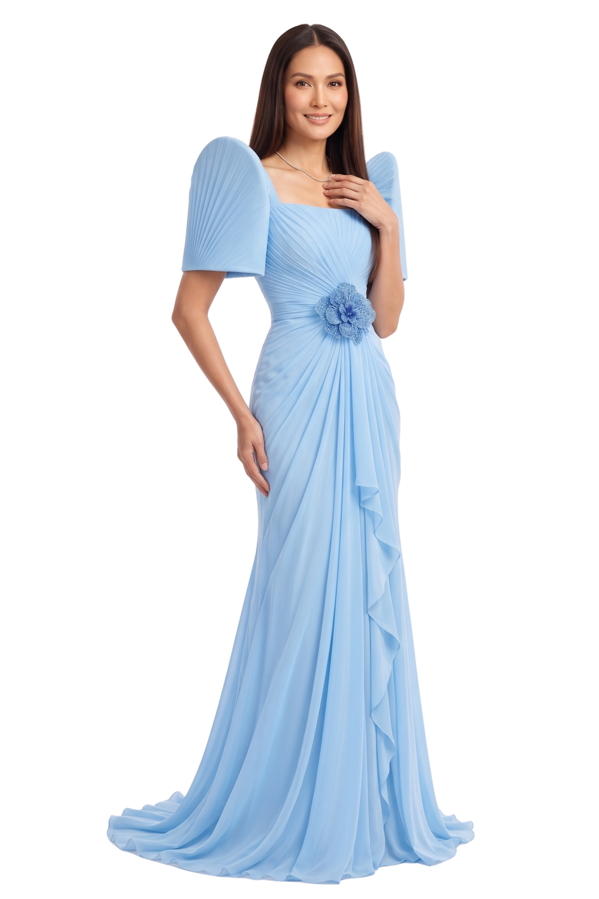 Blue Filipiniana Gown with Floral Waist Accent.