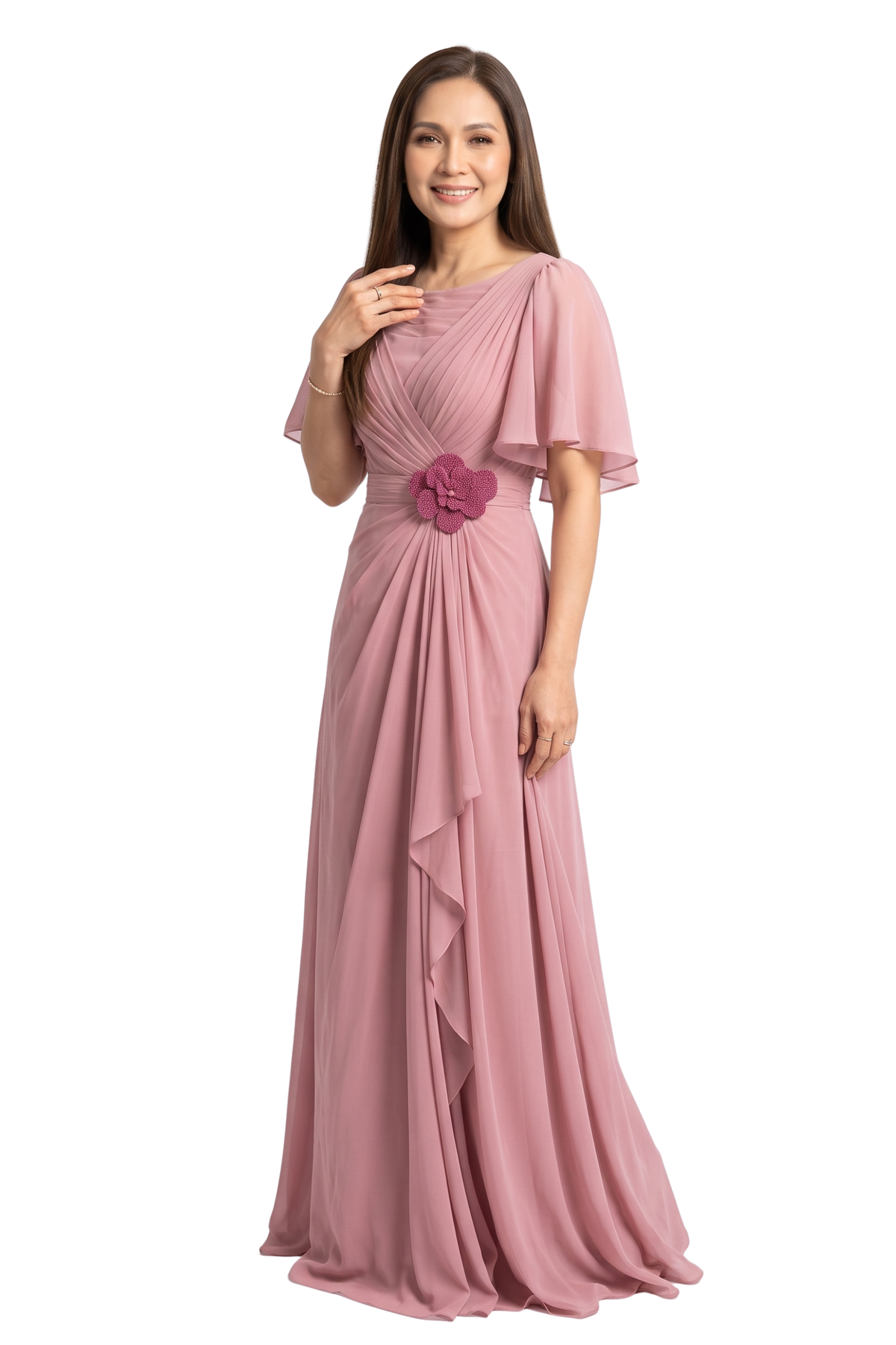 Dusty Rose Chiffon Filipiniana Long Gown.
