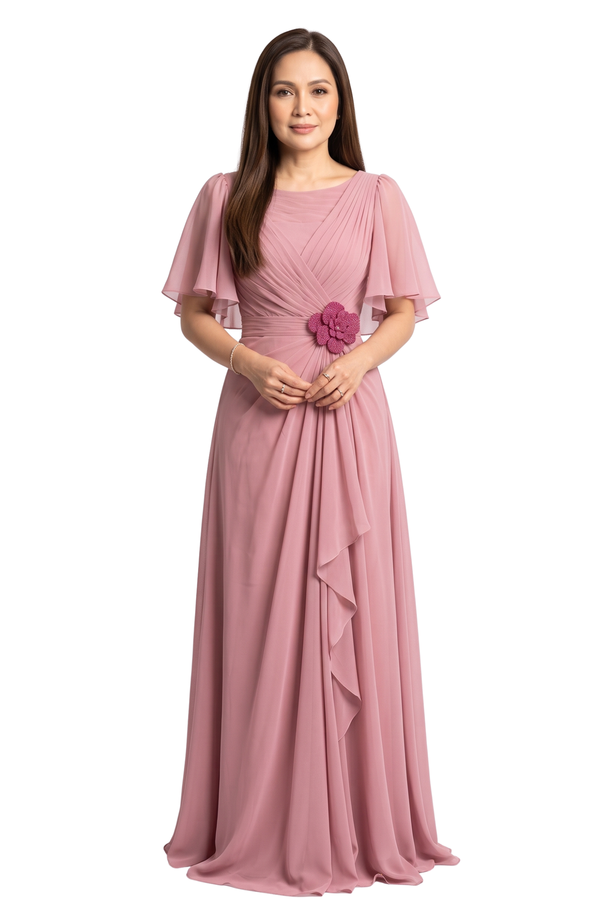 Elegant Filipiniana Dress with Flutter Sleeves.