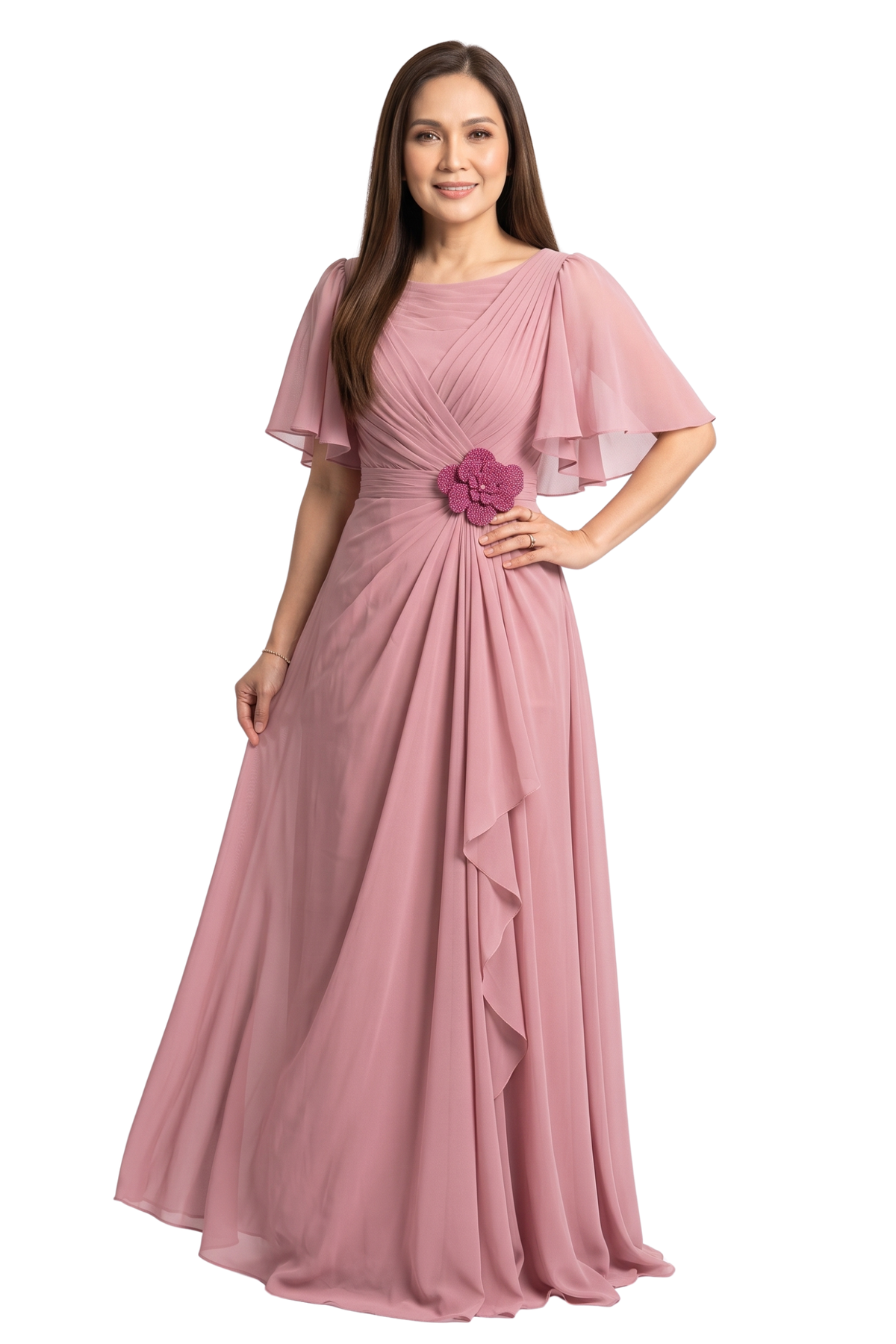 Pink Filipiniana Gown with Floral Waist Accent.