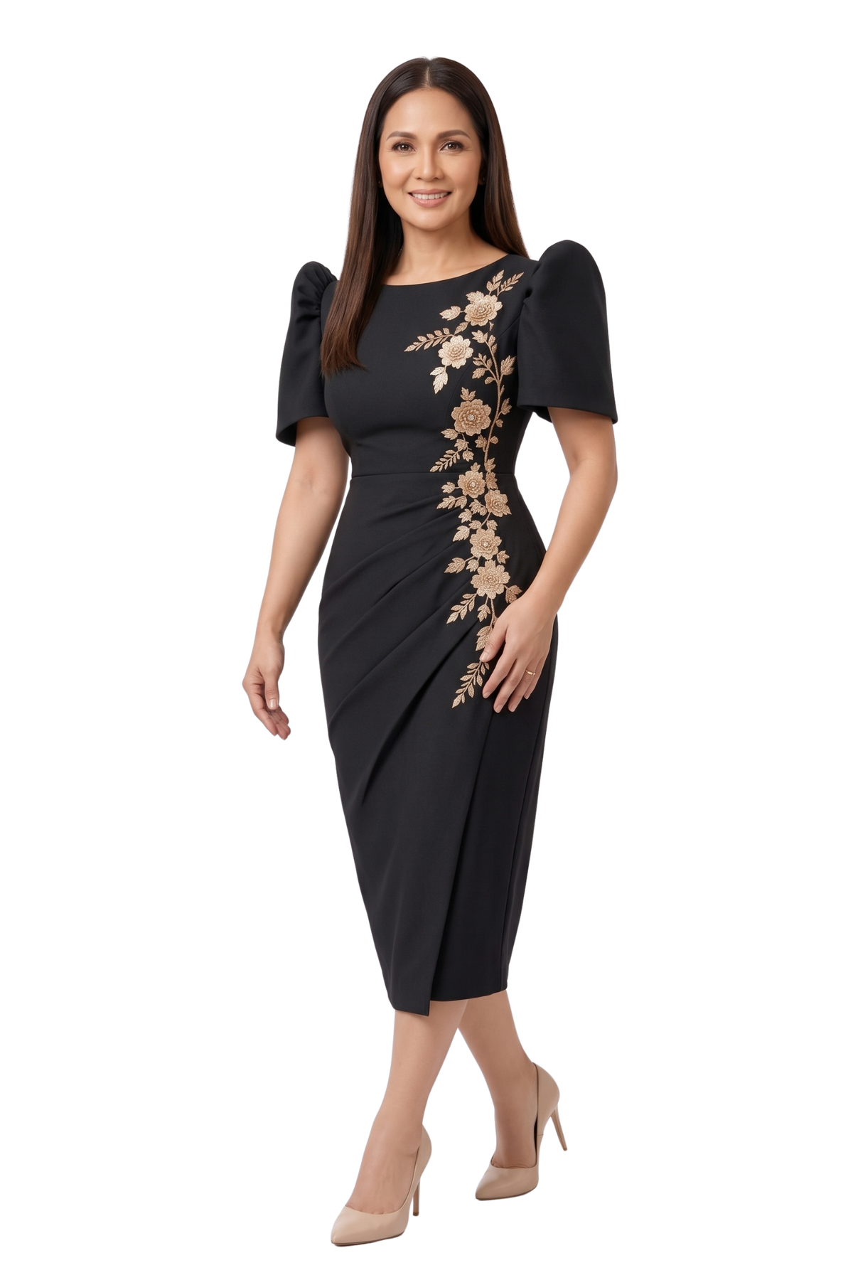 Black Neoprene Filipiniana Midi Dress with Floral Lace.