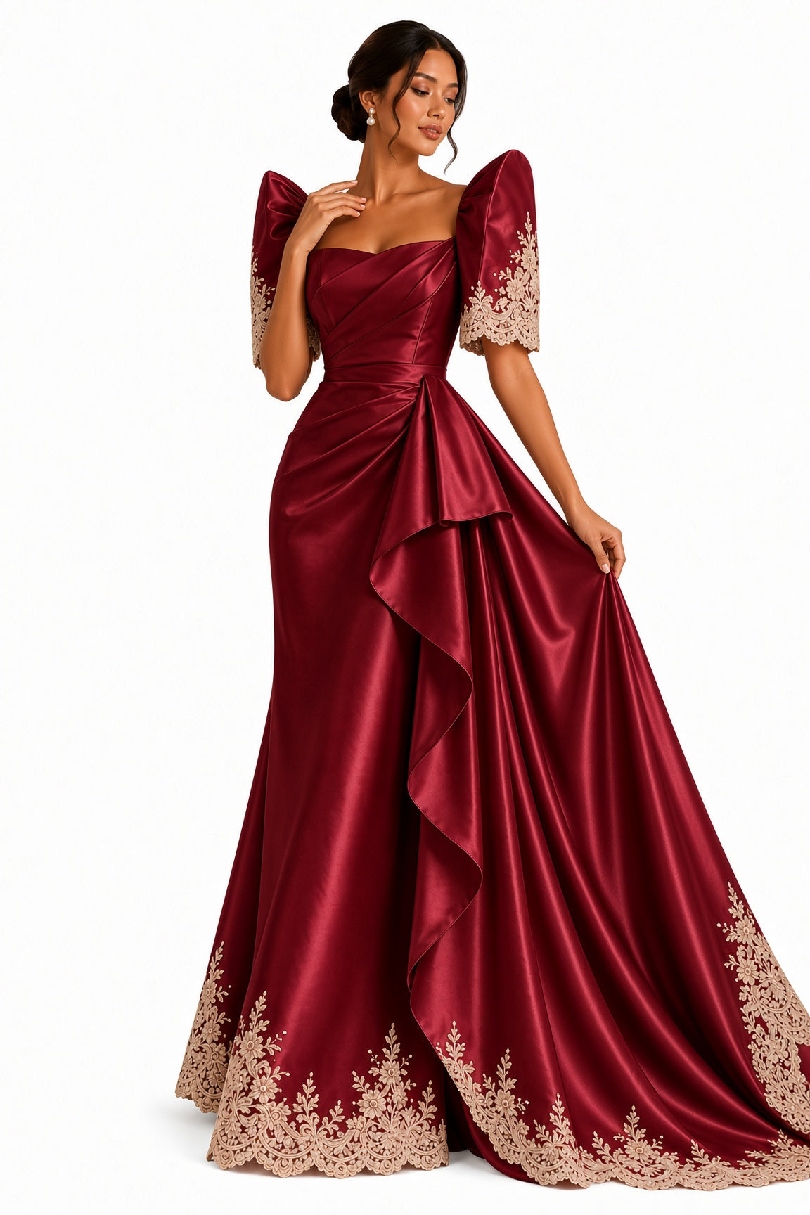 Elegant burgundy Duchess Satin Filipiniana long gown with champagne floral embroidery, traditional butterfly sleeves, and cascading ruffle skirt.
