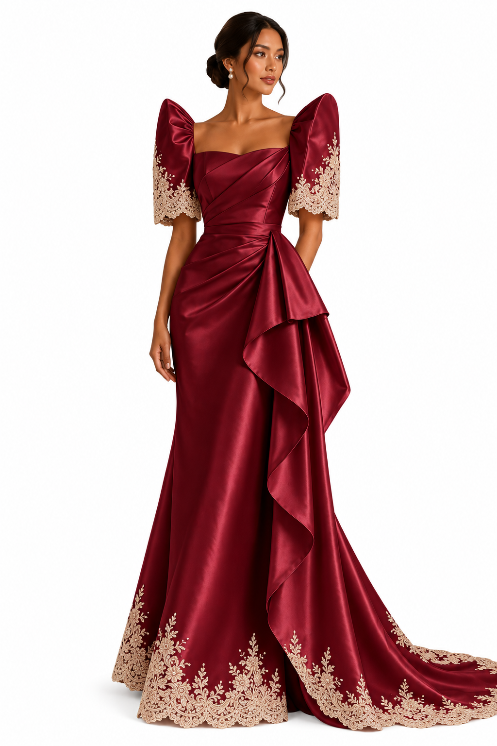 Isabella Burgundy Filipiniana Gown featuring a sweetheart neckline, structured butterfly sleeves, and intricate floral embroidery along the hemline.