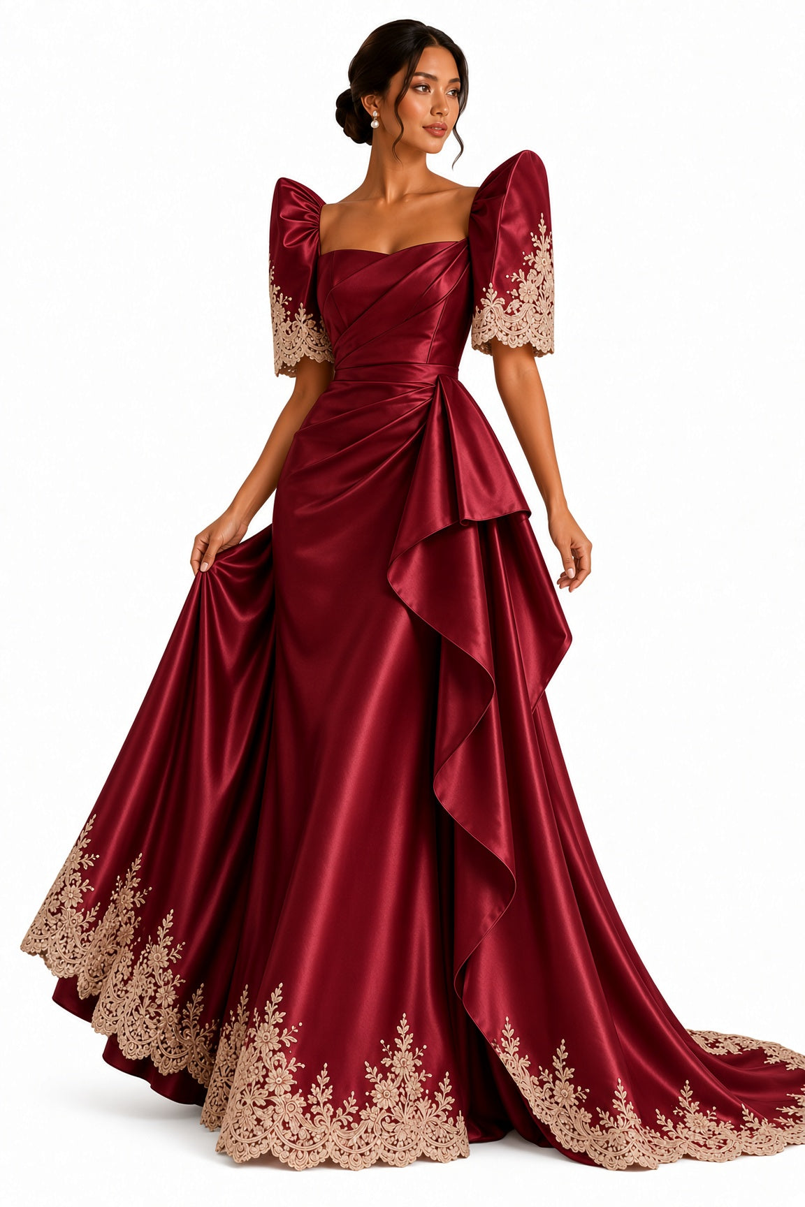 Premium burgundy Filipiniana wedding dress with luxurious satin fabric, fitted draped bodice, and elegant asymmetrical layered skirt.