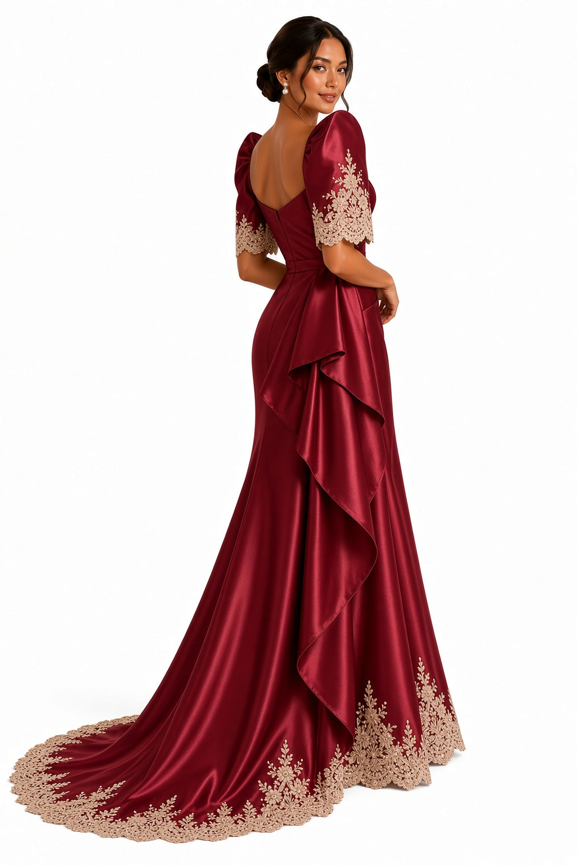 Modern burgundy Filipiniana long gown with champagne embroidered butterfly sleeves, flattering waistline, and flowing floor-length silhouette.