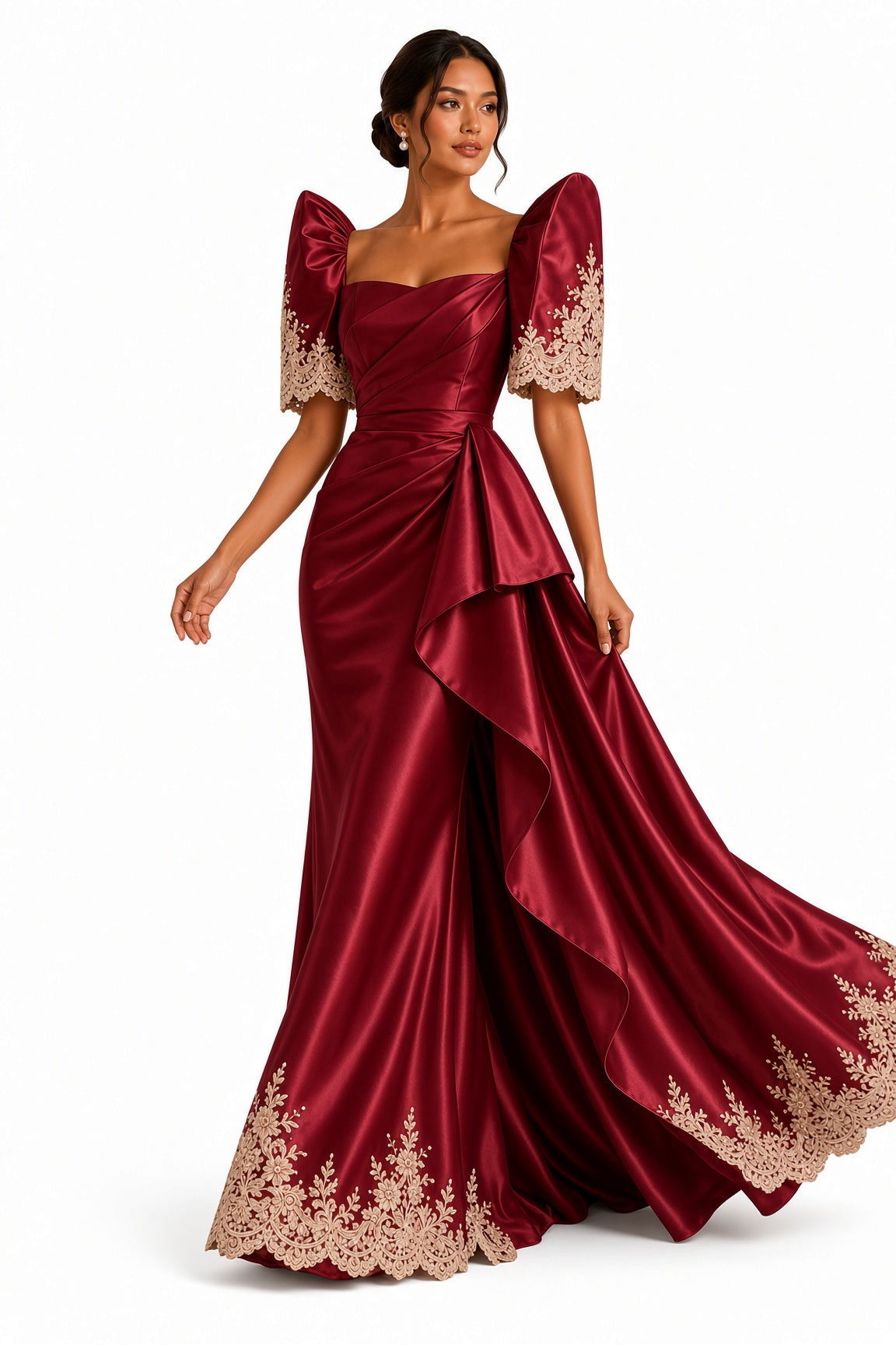 Luxury Duchess Satin Filipiniana formal gown in deep burgundy, featuring delicate floral embroidery, dramatic side ruffles, and traditional Filipino-inspired design.