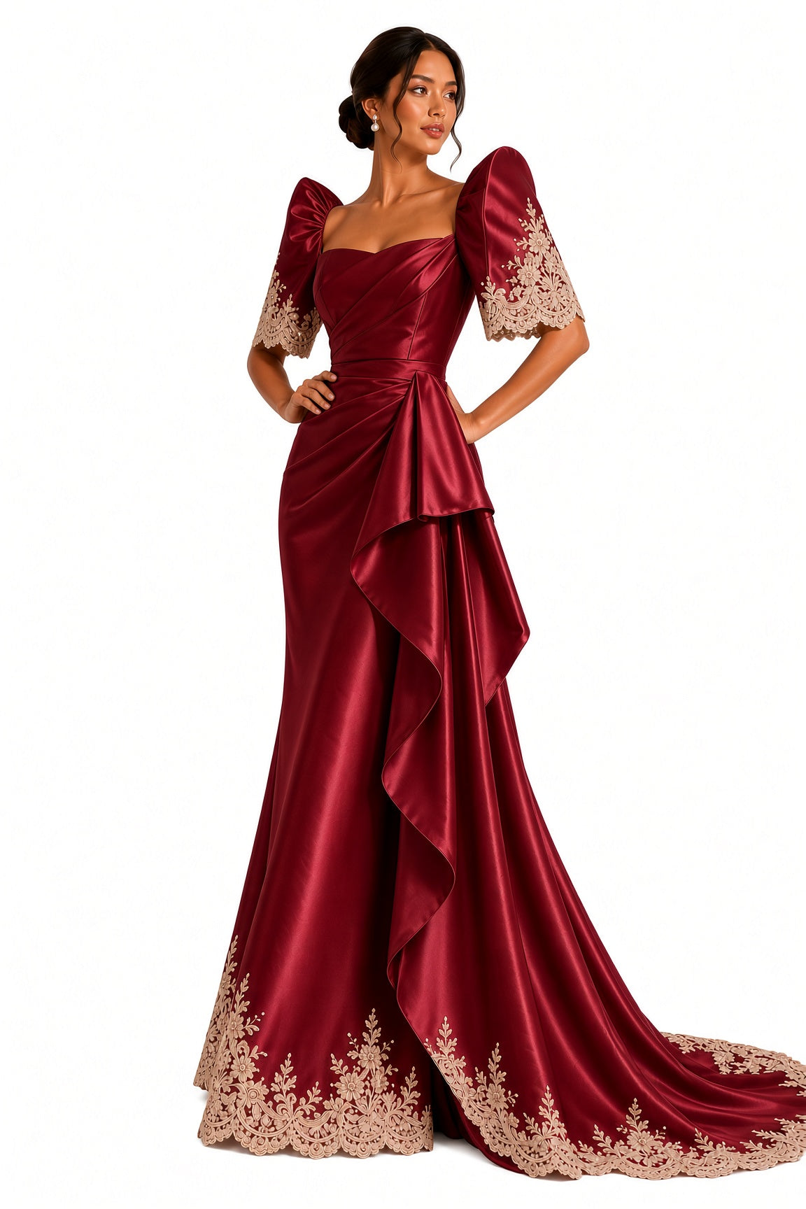 Sophisticated burgundy Filipiniana formal dress featuring a draped sweetheart bodice, intricate embroidered hemline, and dramatic floor-length satin silhouette.