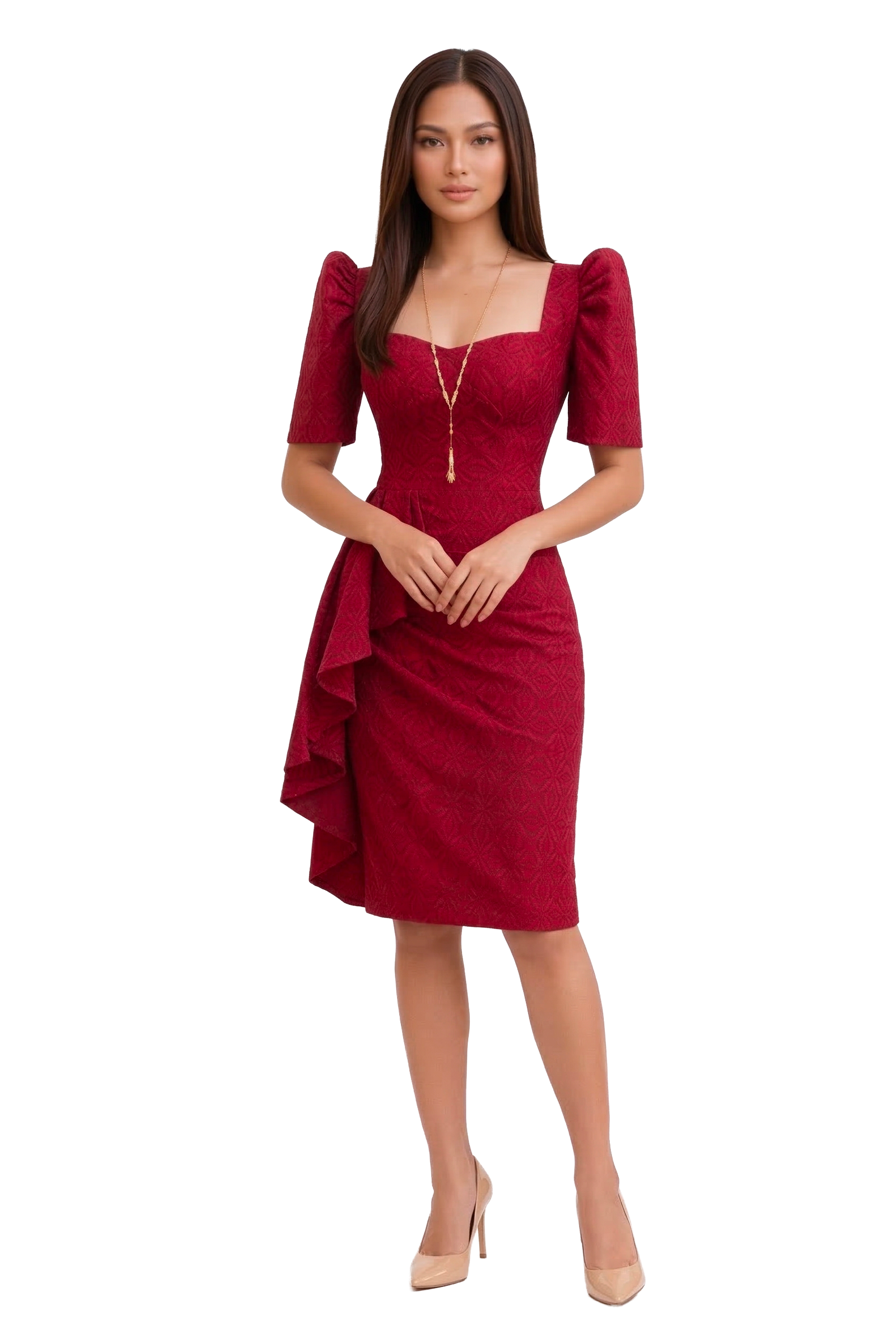 Handwoven Red Pinilian Filipiniana Dress - HW41