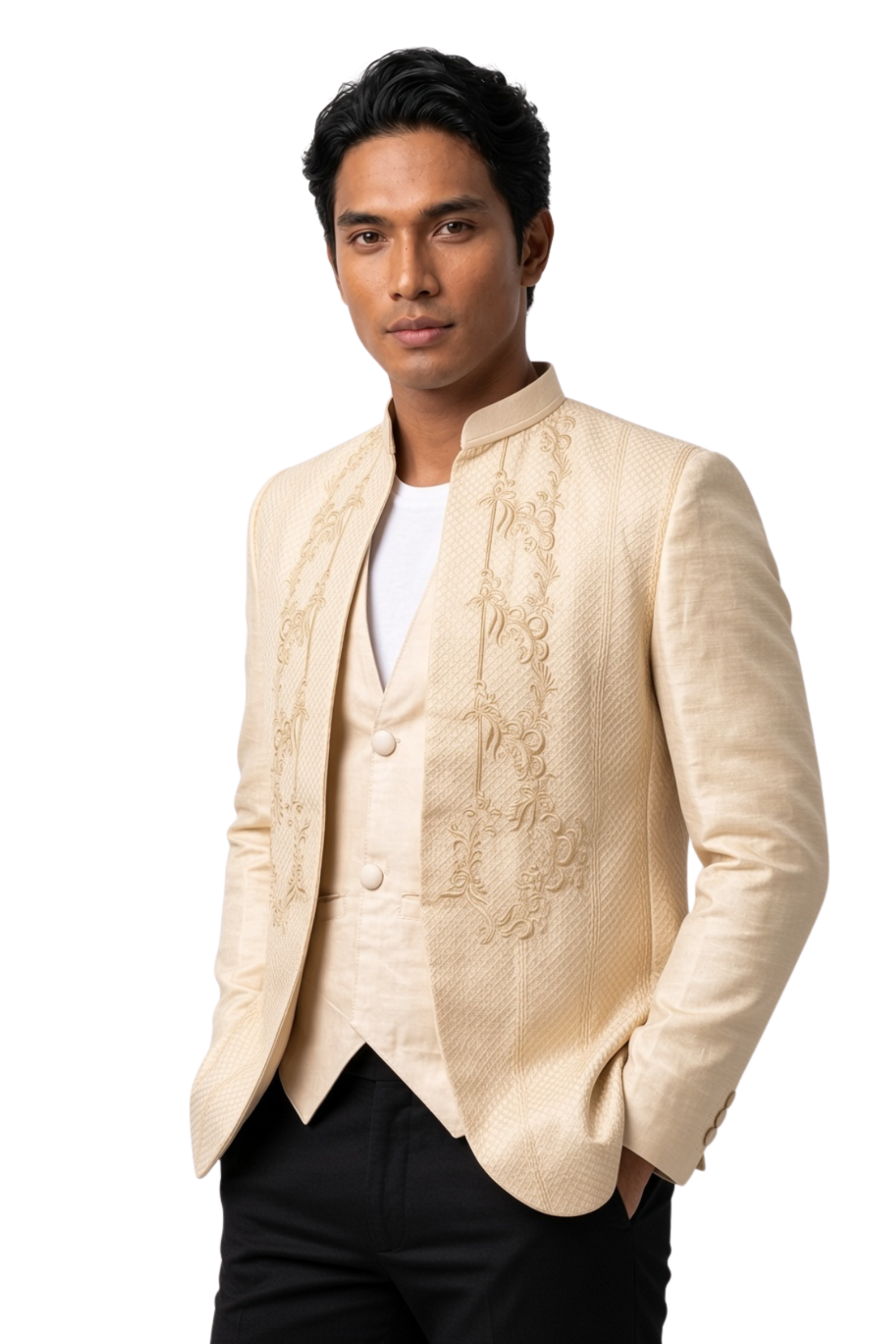 Premium Pina Cocoon Calado Barong Tagalog Coat with Vest - Francis - SN014