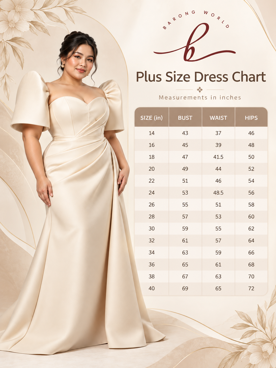 Plus Size Filipiniana Gown in Premium Duchess Fabric with Butterfly Sleeves - Dorothy BWP020