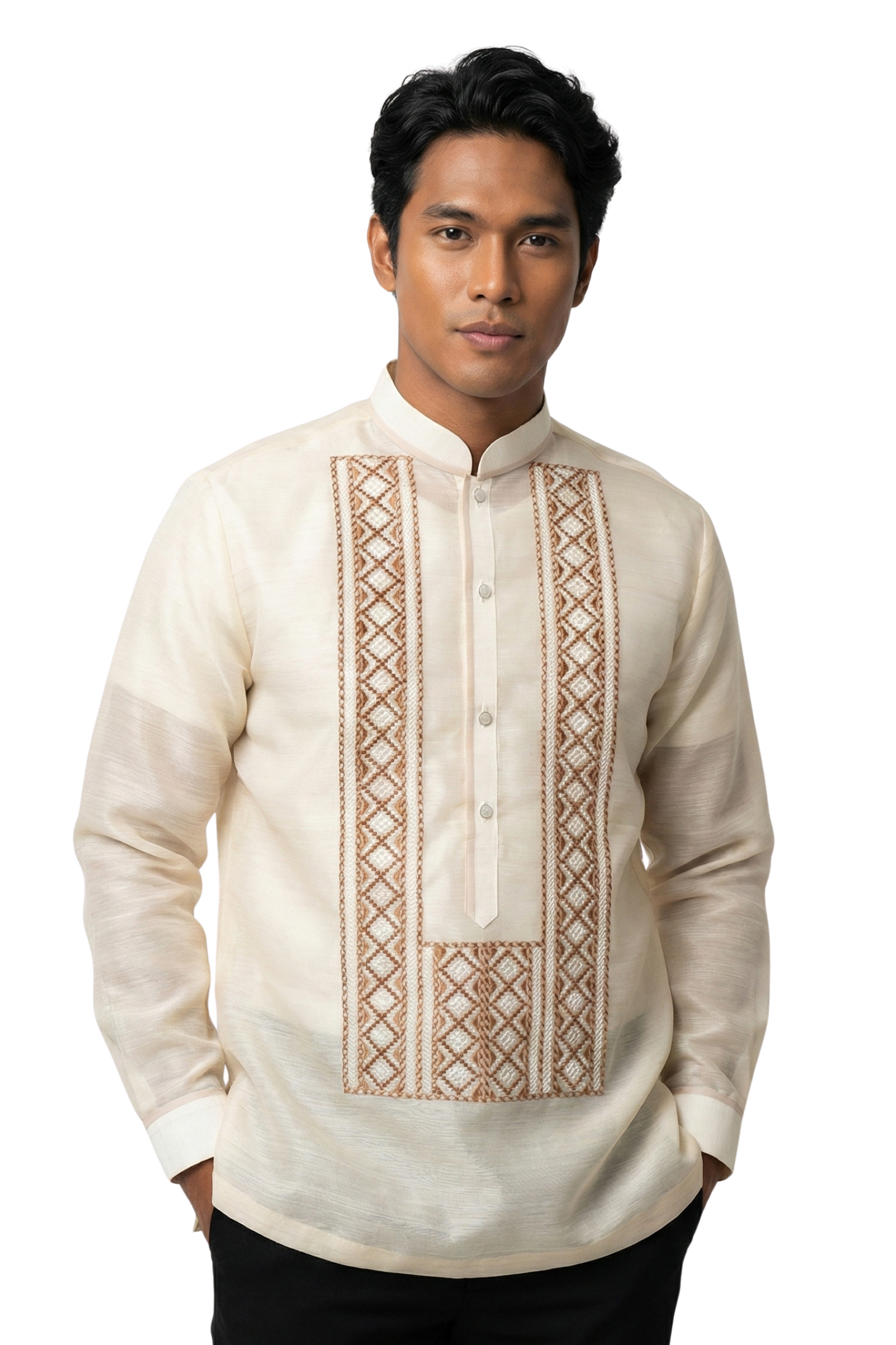 Pina Organza Classic Barong Tagalog with Geometric Brown Embroidery ...