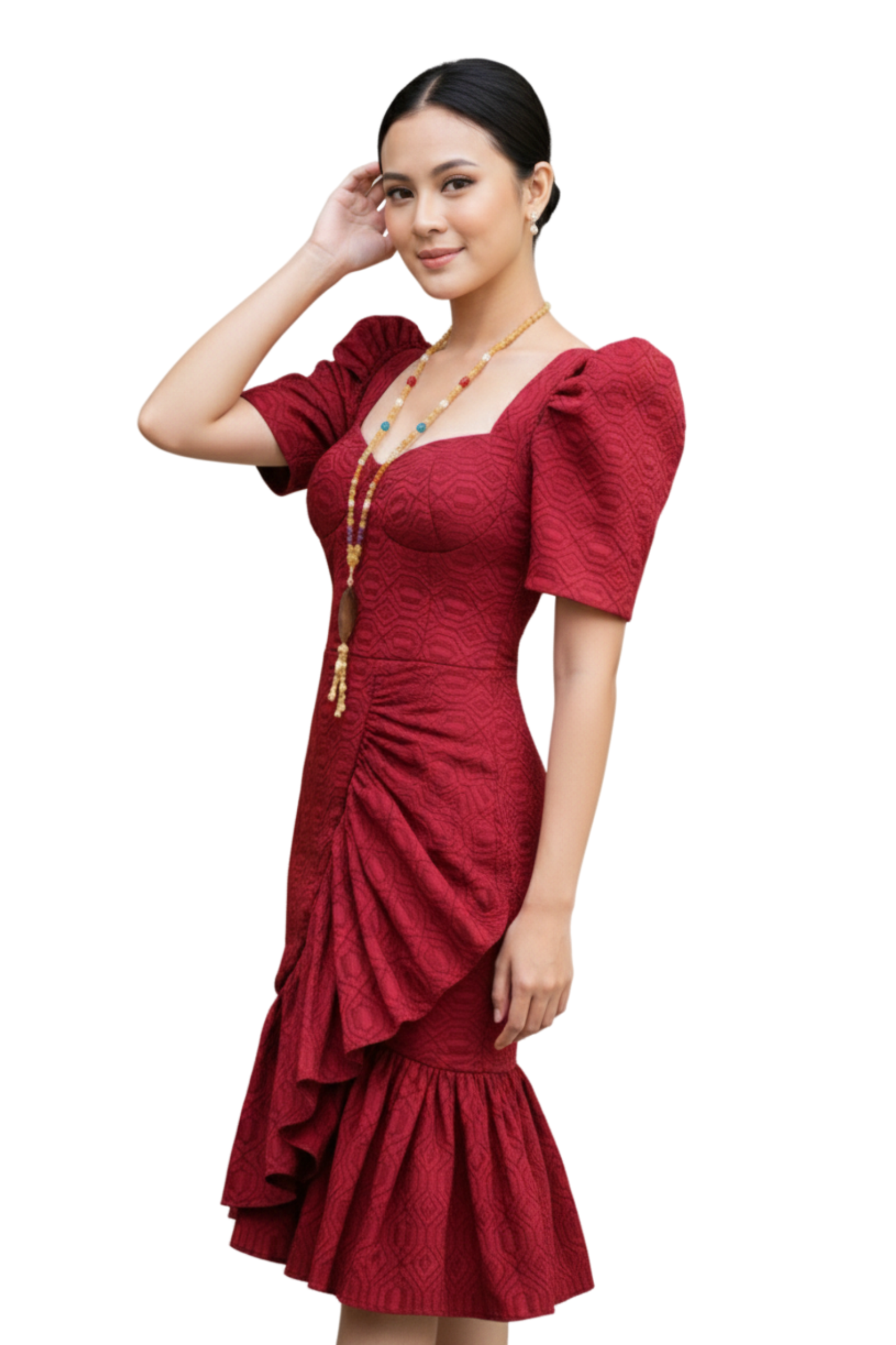 Handwoven Red Kundiman Pinilian Filipiniana Dress - Kyla
