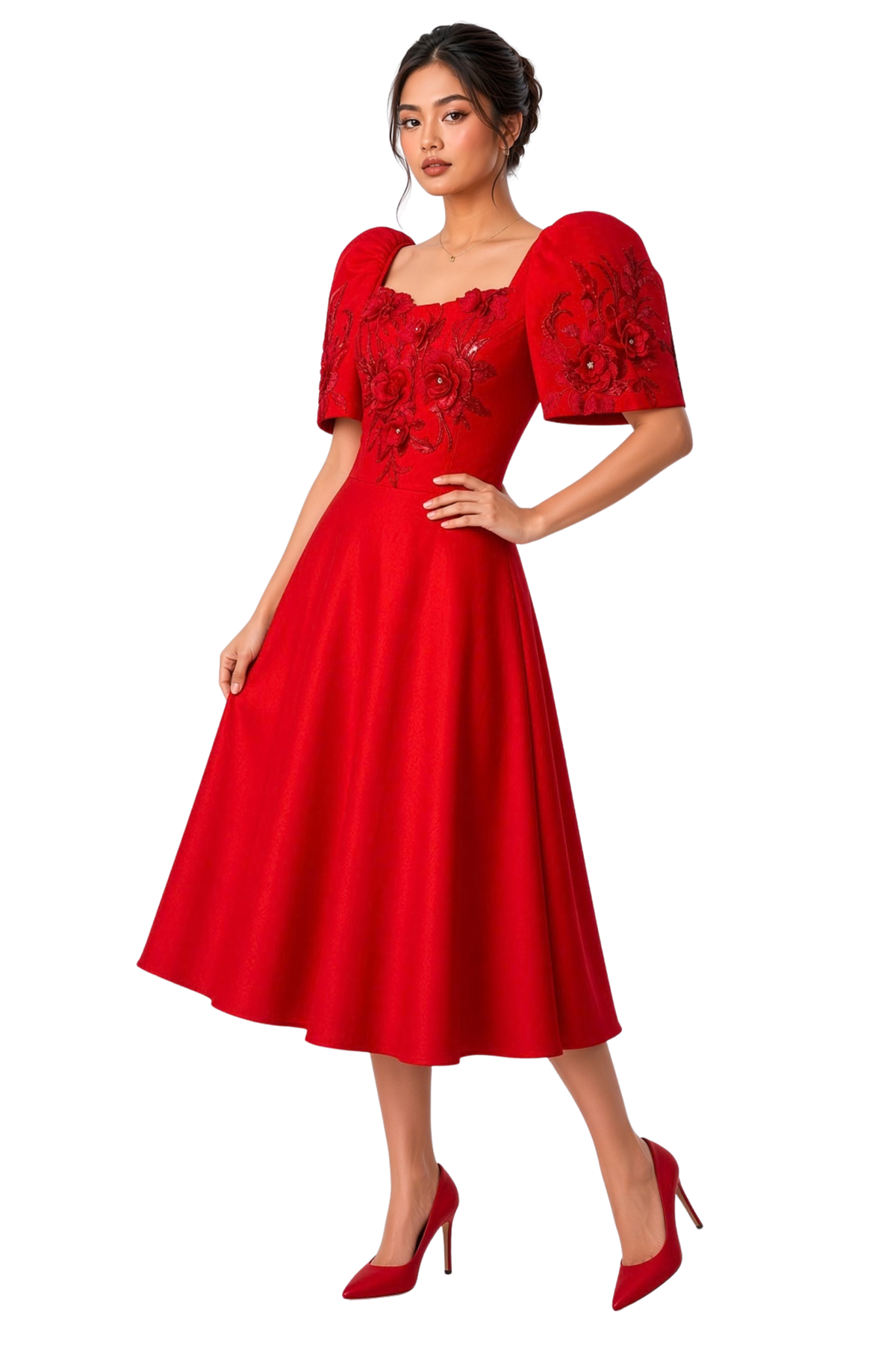 Red Filipiniana Midi Dress