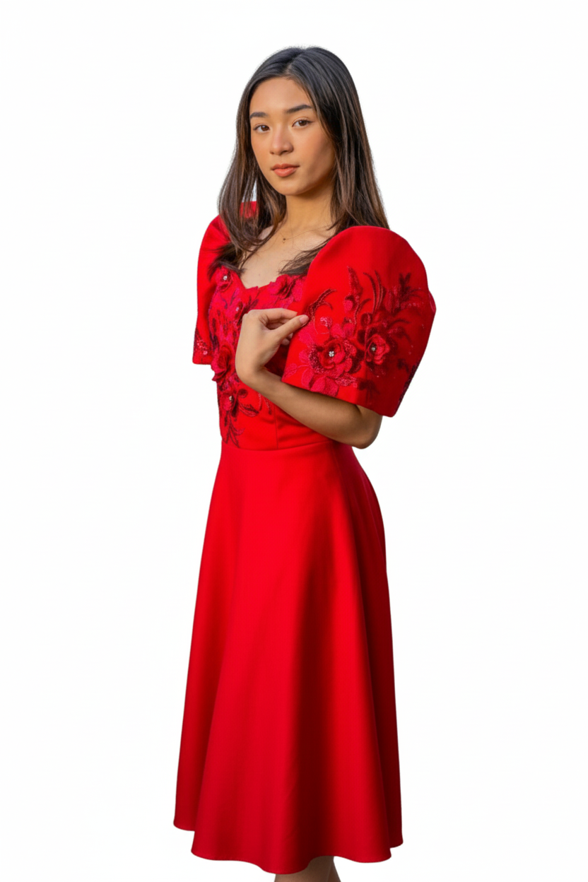 Modern Red Filipiniana Midi Gown - Rose - JBN1 Modern Red Filipiniana Midi Gown - Rose - JBN1
