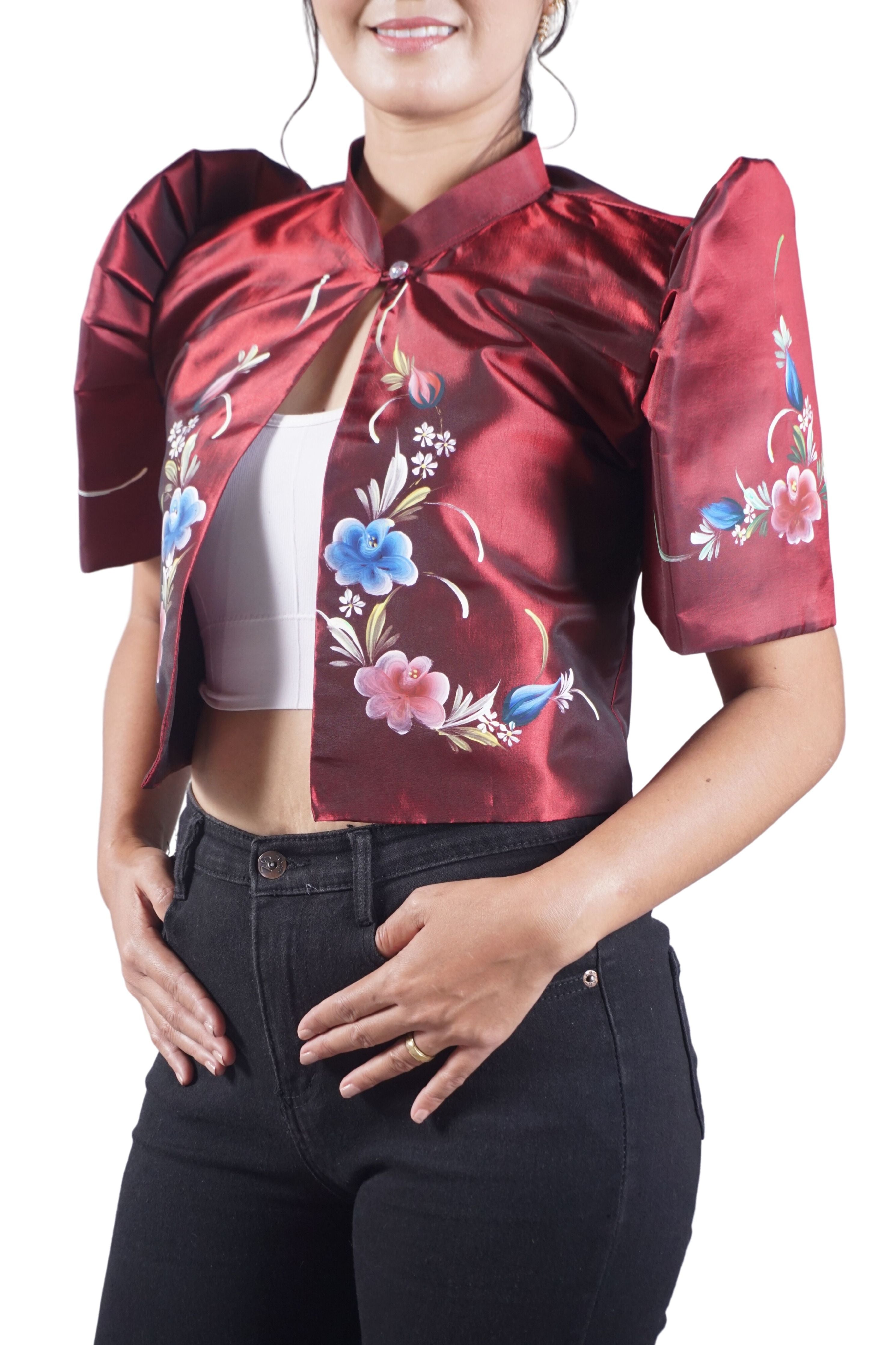 Hand Painted Red Organza Bolero with Flower Paint with Women