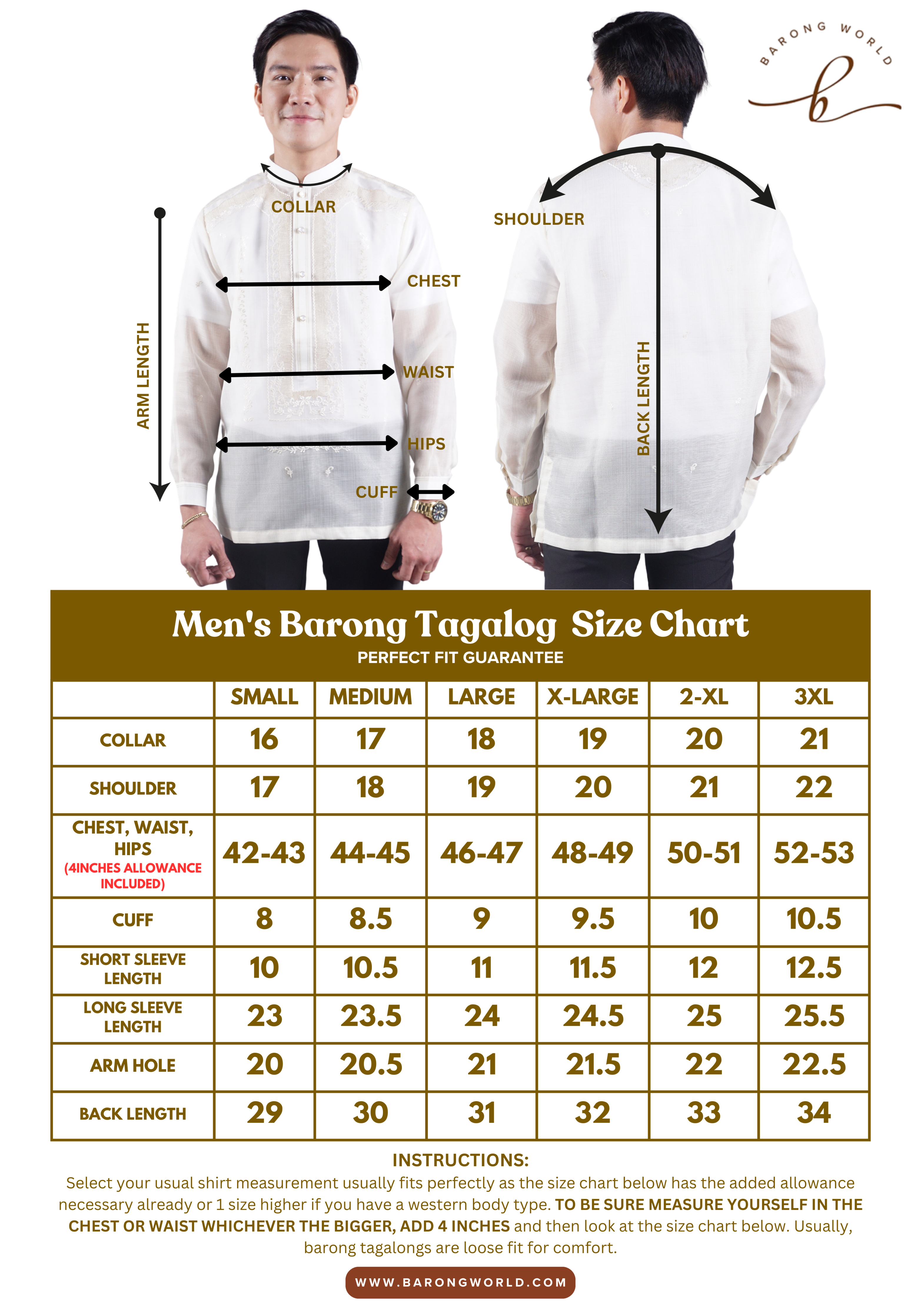 Men's Barong Tagalog Size Chart