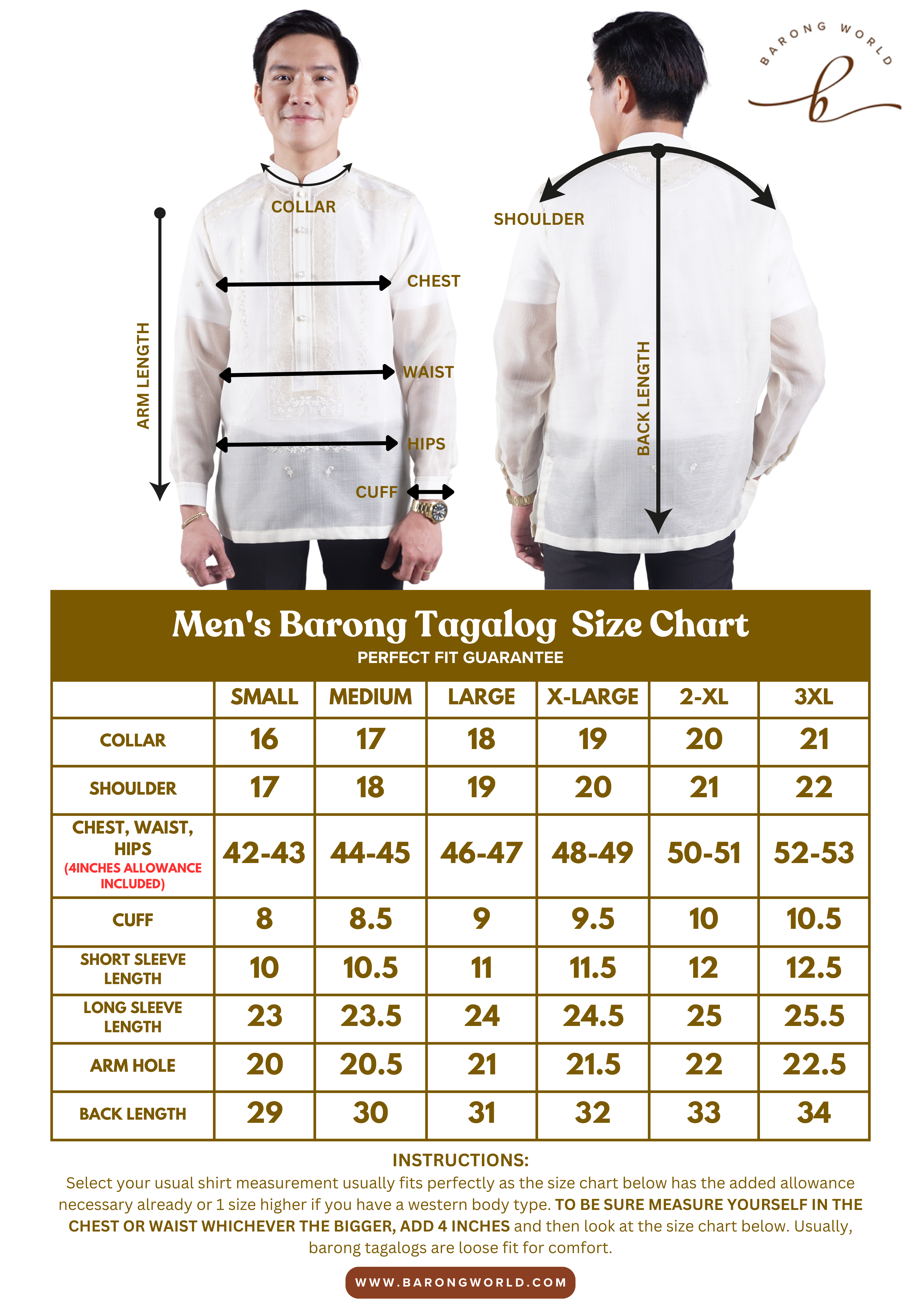 Men's Barong Tagalog Size Chart