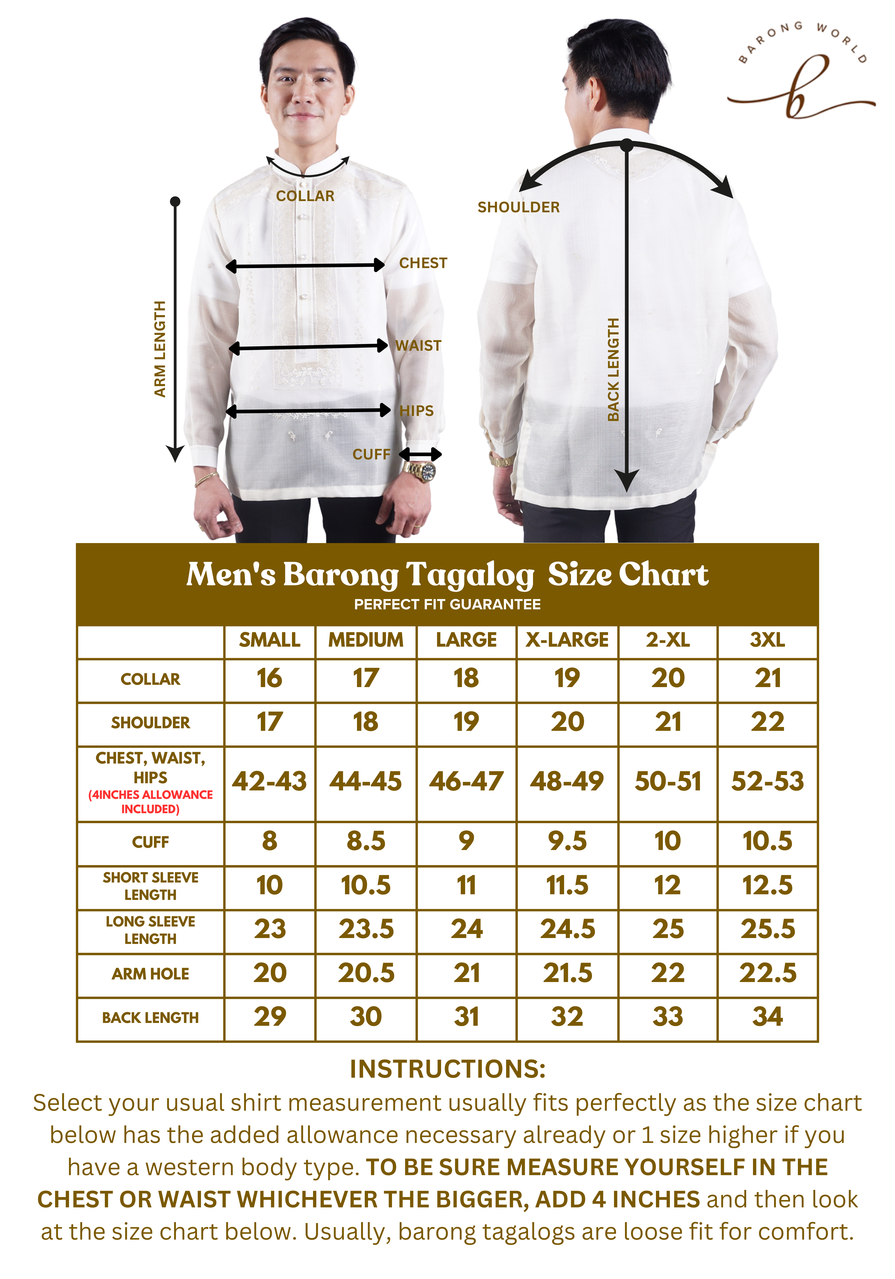 Men's Barong Tagalog Size Chart