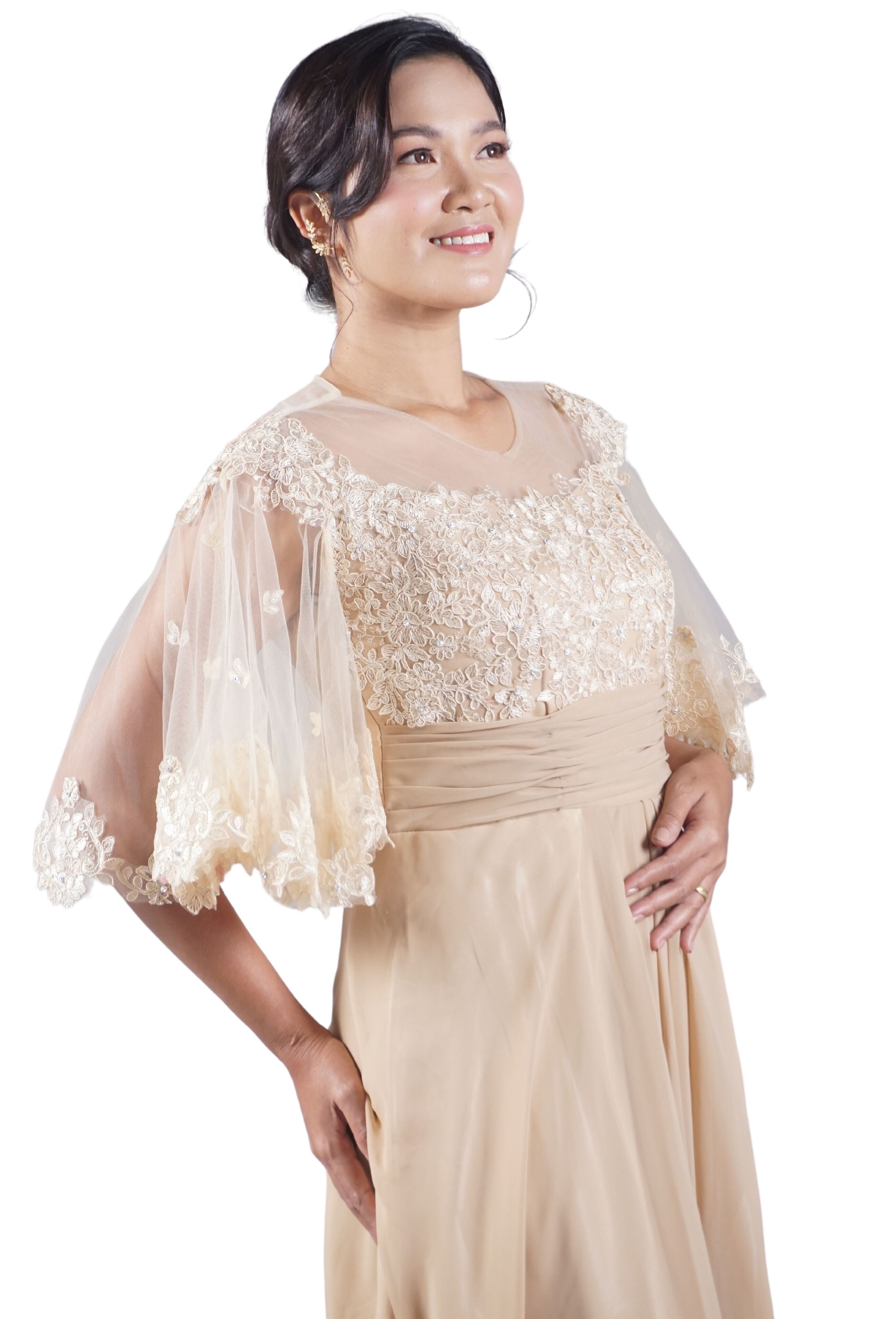 Elegant Pinya & Lace Modern Long Filipiniana Dress