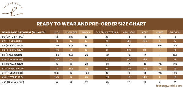 Pre-Order Size Chart