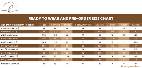 Kids Barong Size Chart