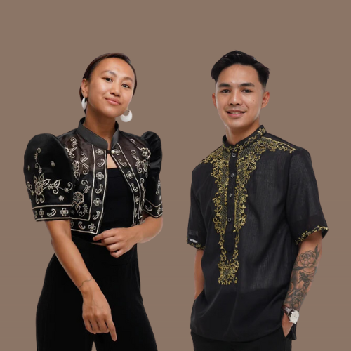 Couple Black Jusi Organza Barong Tagalog + Black Organza Bolero Maria Clara - C3