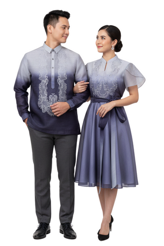 Couples Set Jusilyn Navy Blue Barong Tagalog + Barong Dress - Ava & Dave - JV875