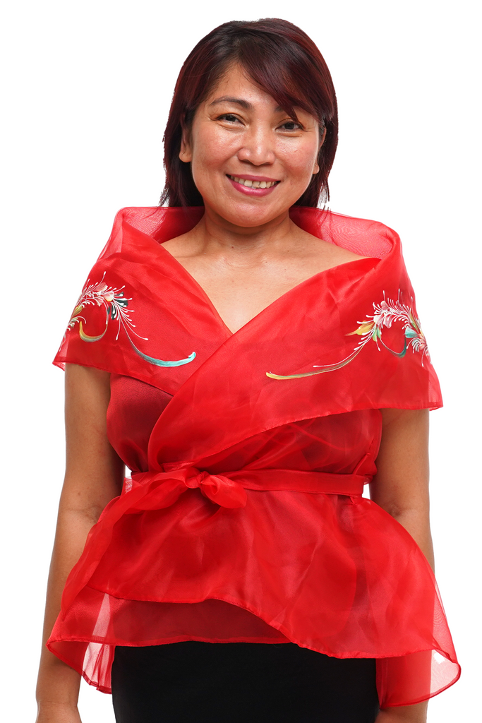 Red Hand Painted Filipiniana Panuelo 