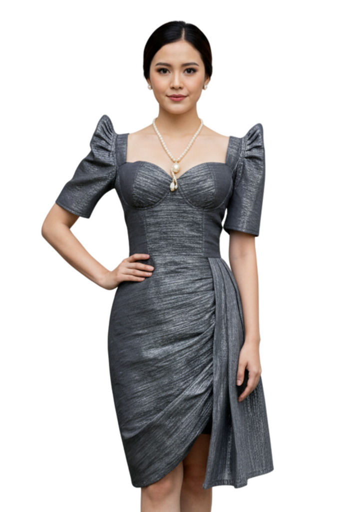 Handwoven Black Inabel Ilocos Weave Modern Filipiniana Dress - Elsie - DM01