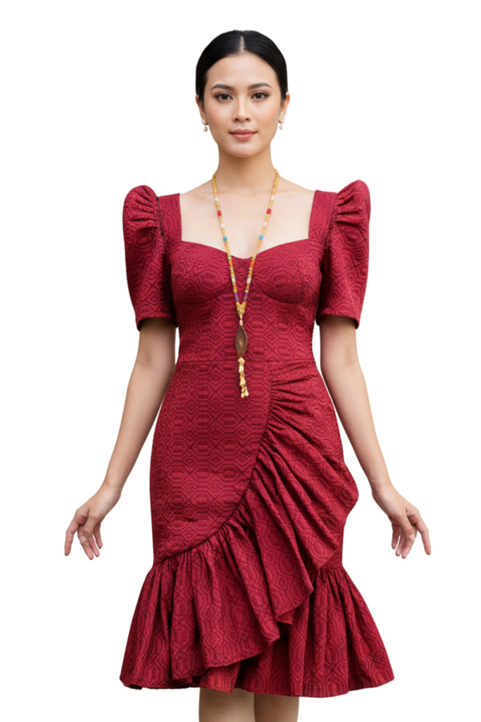 Elegant Pinilian Red Modern Filipiniana Dress