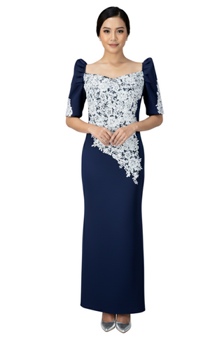 Elegant Navy Blue Mestiza Filipiniana Serpentina Long Gown - Alyria - JB115
