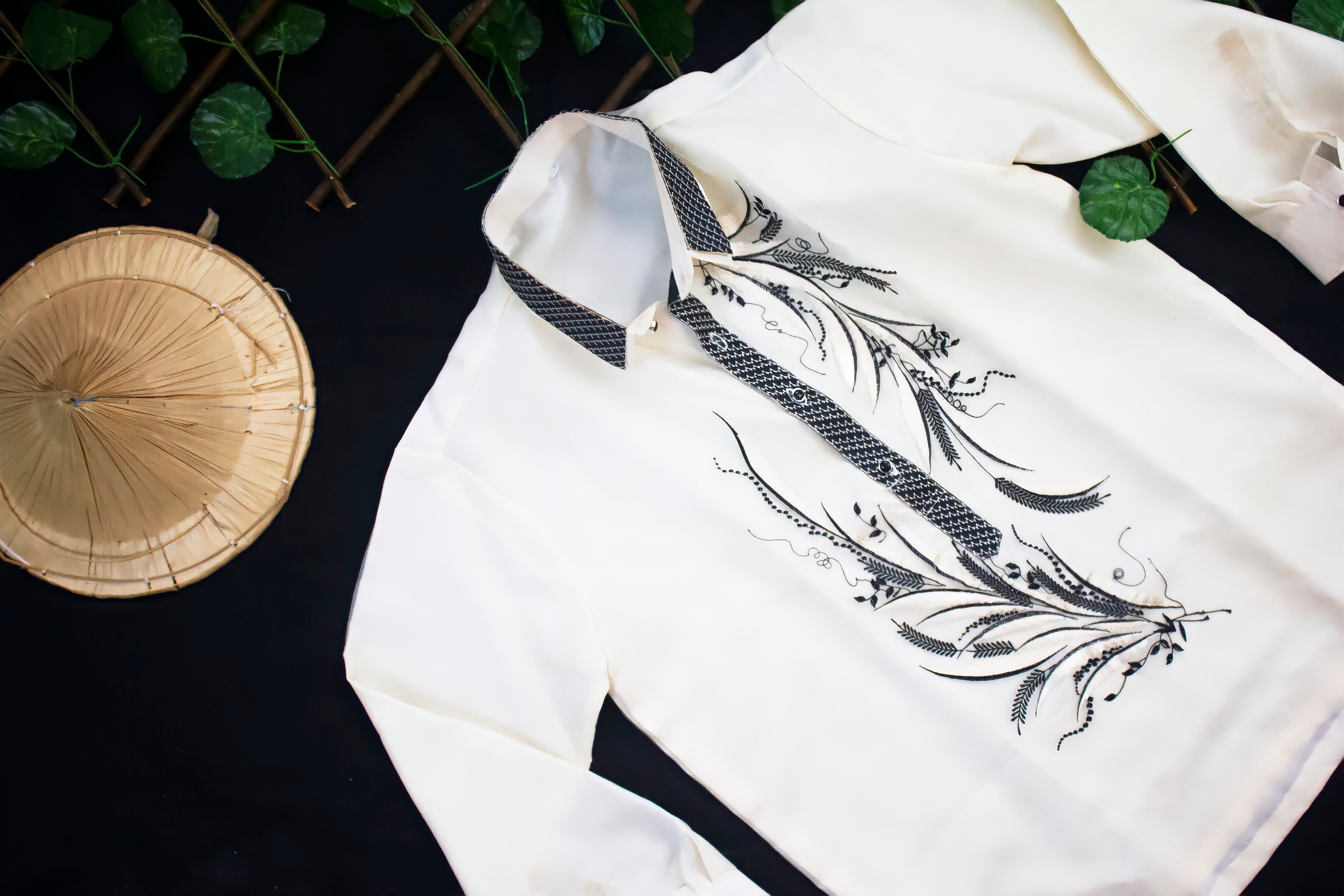 White Organza Cultural Barong Tagalog with Black Embroidery