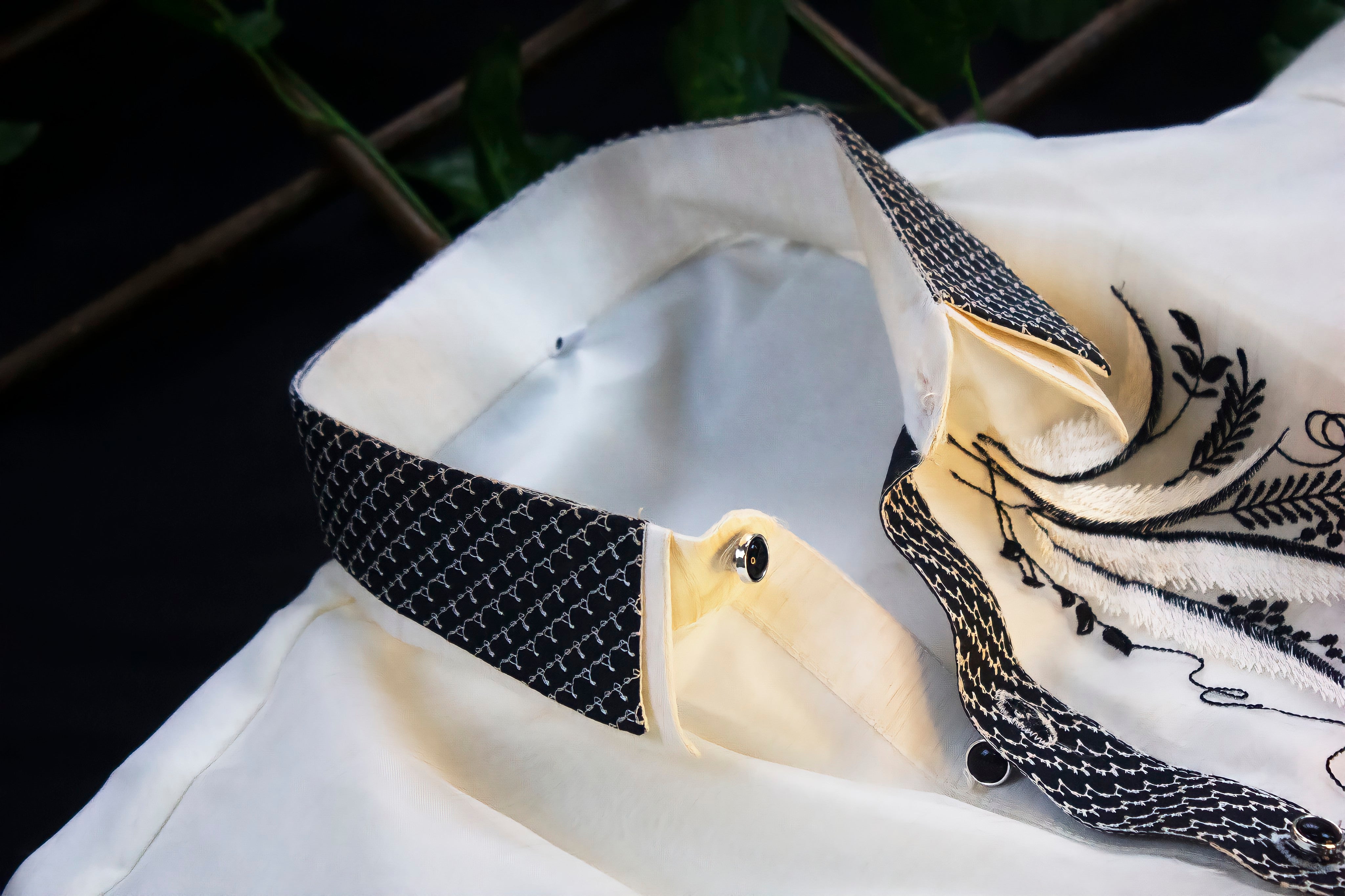 Collar Details of Organza Cultural Barong Tagalog with Black Embroidery