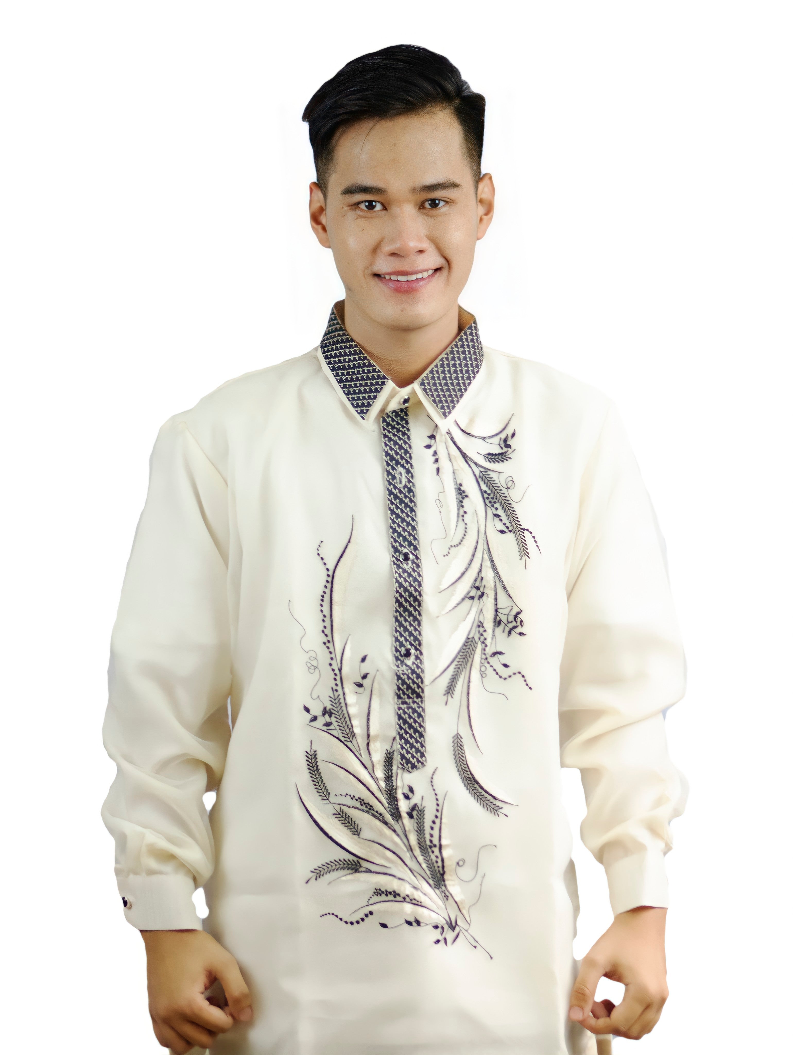 White Organza Cultural Barong Tagalog with Black Embroidery