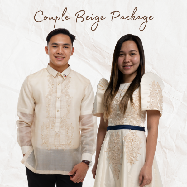 Beige Barong and Filipiniana Dress Set