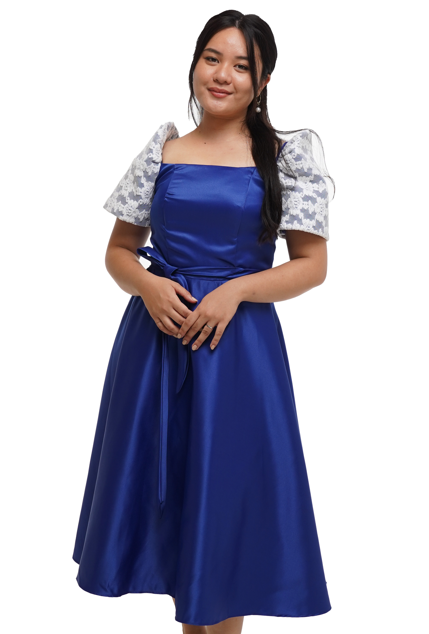 Couples Set Satin Blue Barong Tagalog + Filipiniana Midi Dress - Miko & Kris - JV556 Couples Set Satin Blue Barong Tagalog + Filipiniana Midi Dress - Miko & Kris - JV556
