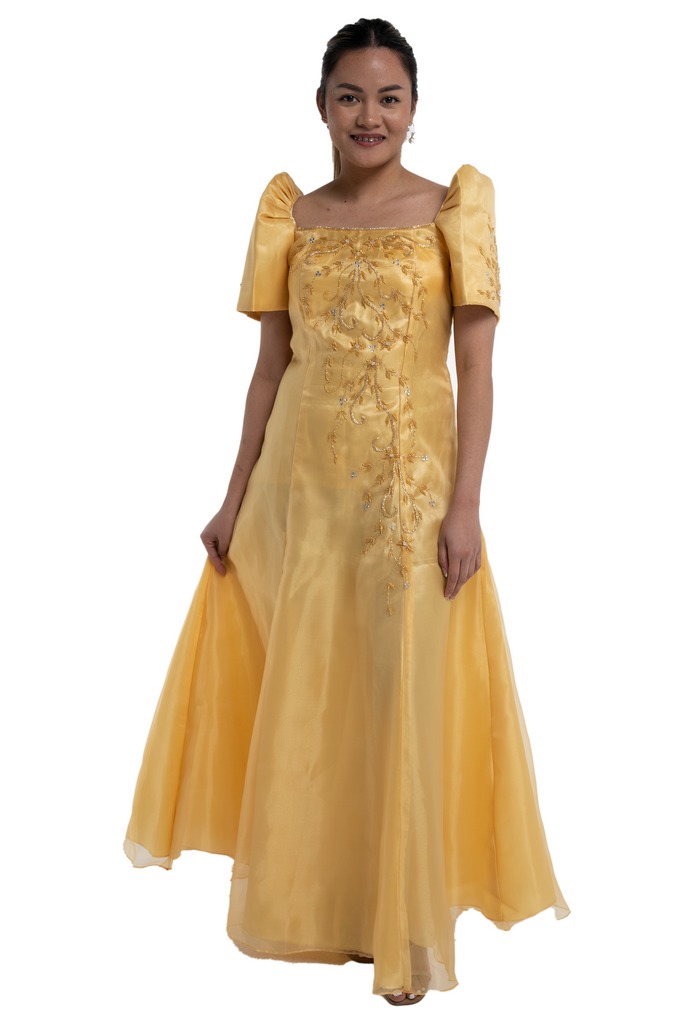 Organza Golden Yellow Mestiza Filipiniana Gown Sarah MR550