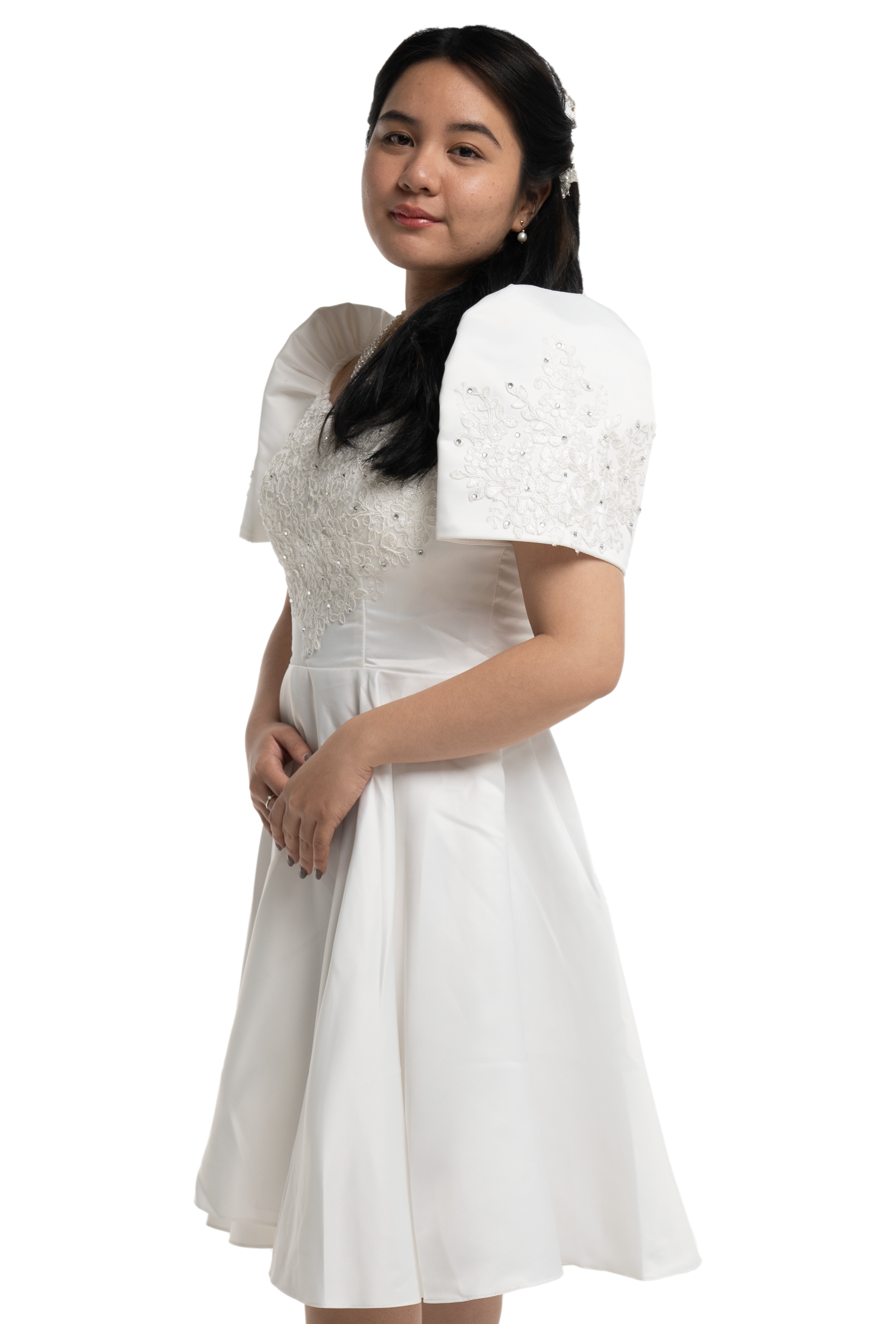 Duchess White Modern Filipiniana Midi Dress 