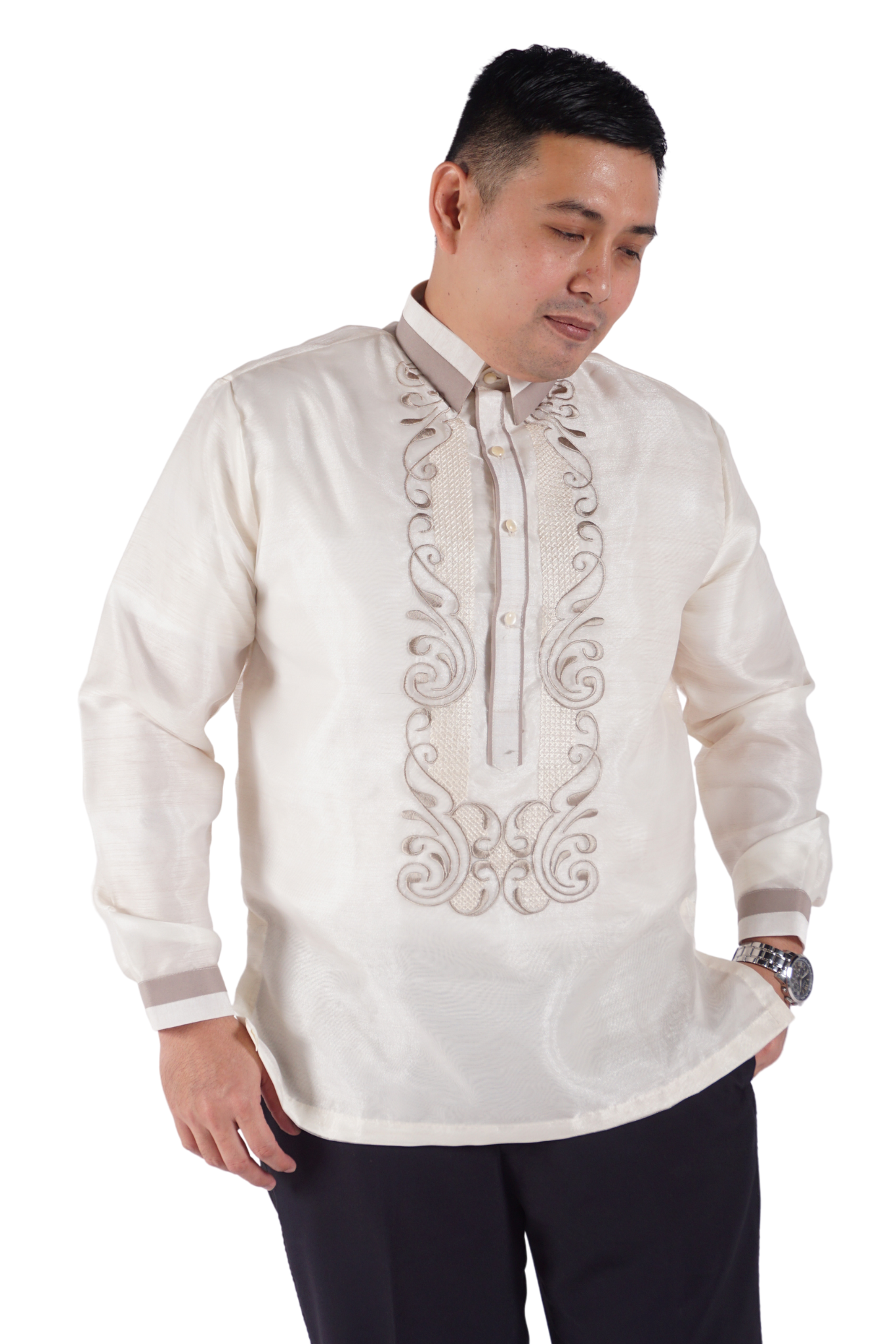 Beige Barong Tagalog with Gray Embroidery