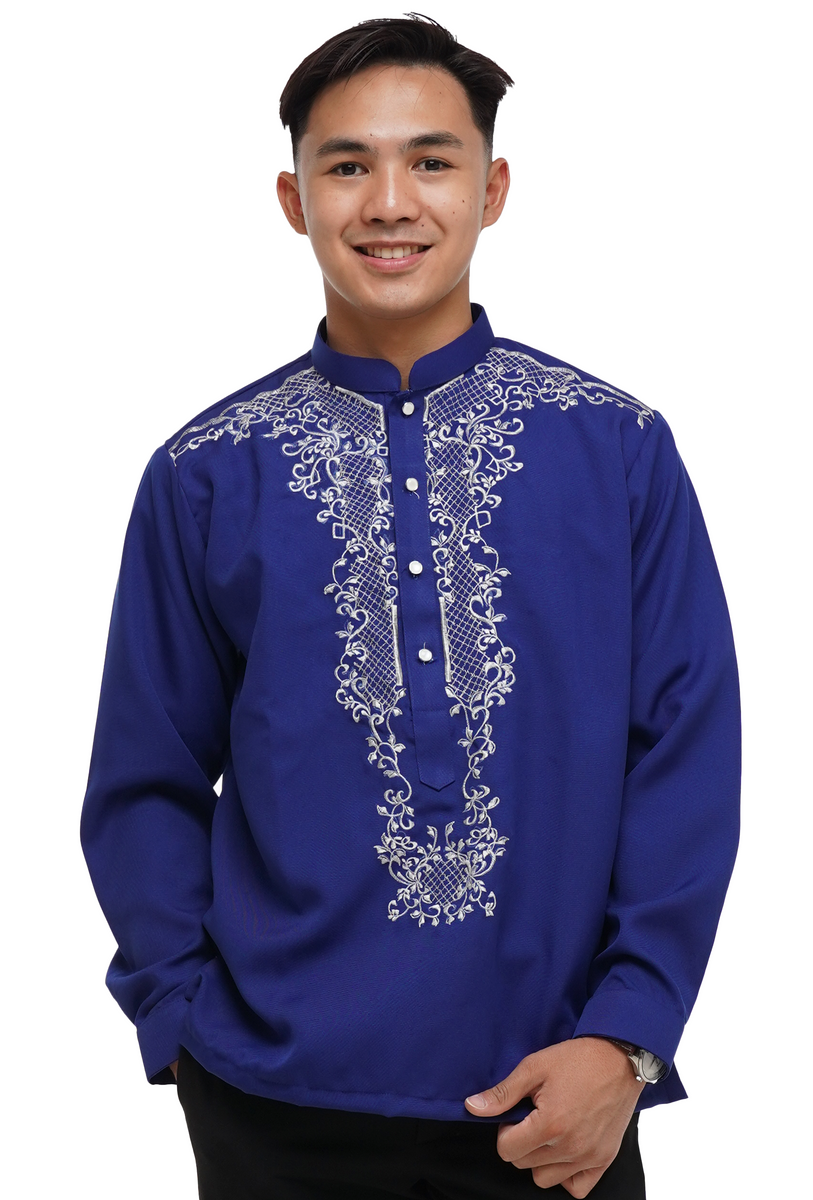 Satin Blue Chinese Collar Barong Tagalog - Allen - JV545 – Barong World