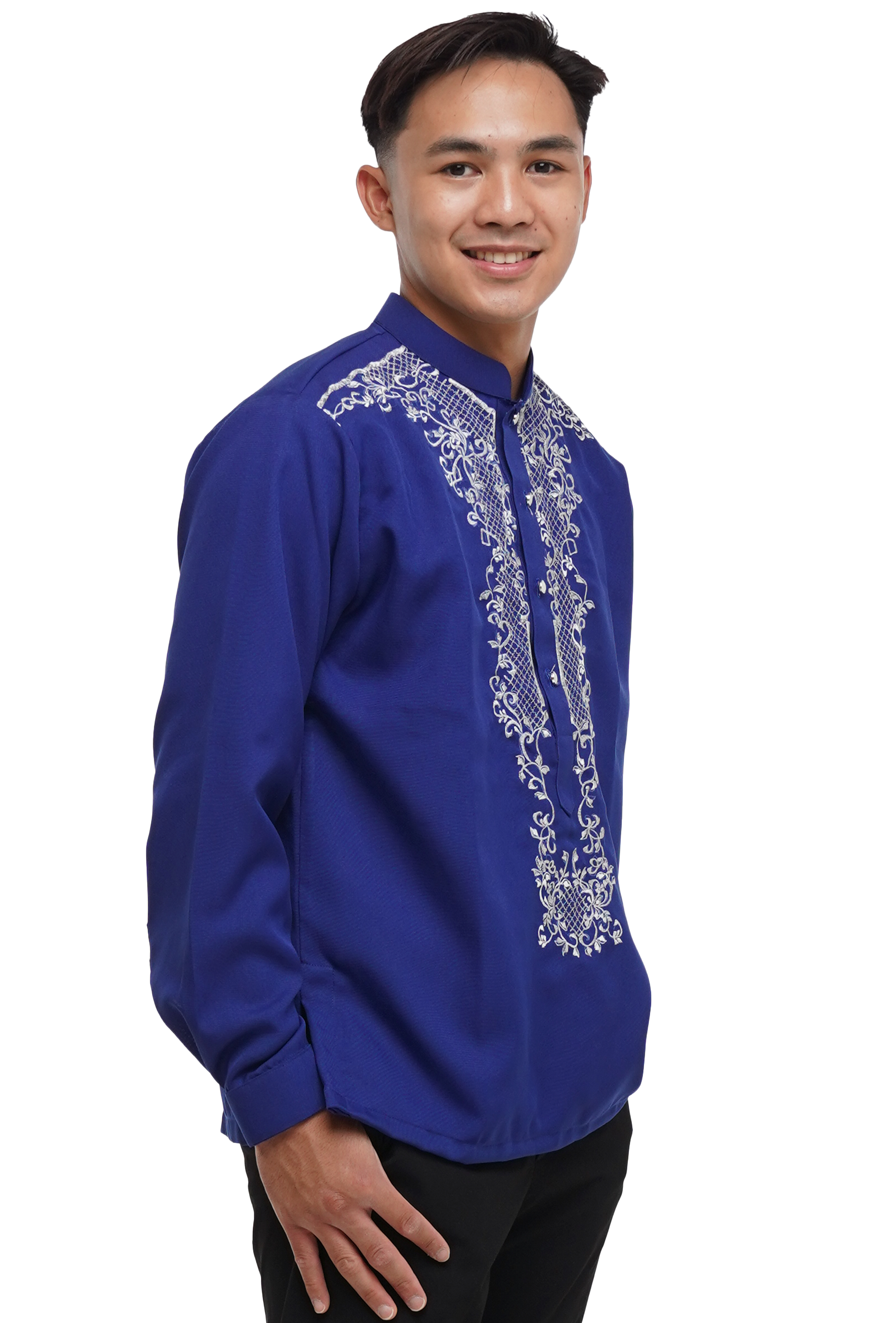 Blue Satin Barong Tagalog with White Embroidery