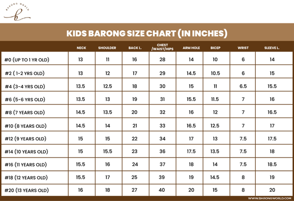 Kids Barong Size Chart