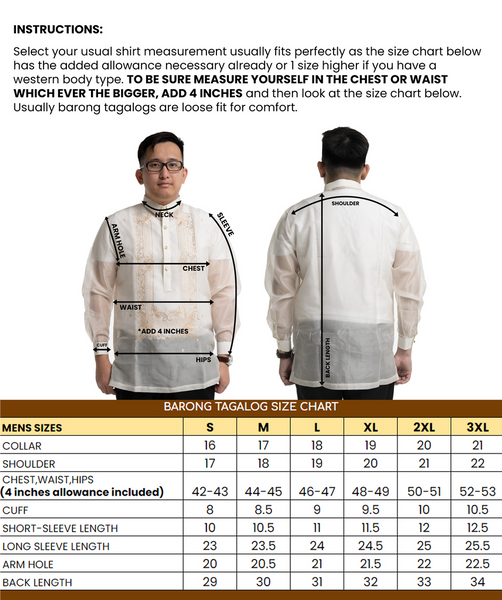 Men's Barong Short Sleeve Size Chart