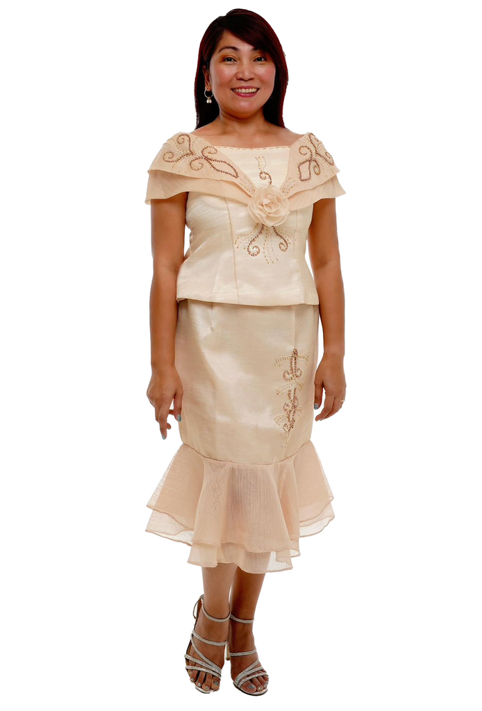 Chiffon Lace Top Beige Classic Ninang Filipiniana Dress Althea M Barong World